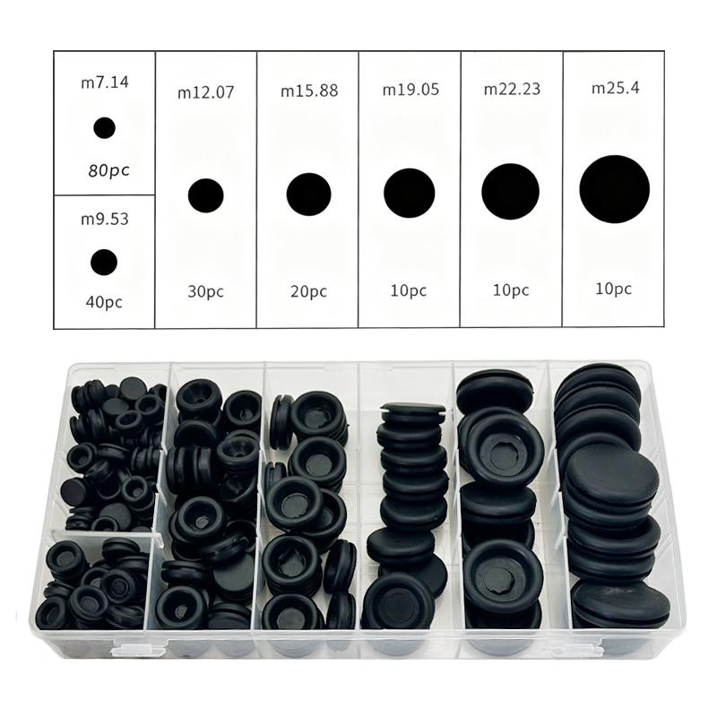 200 st svarta gummitätningsringar, sortimentstorlekar M7.14/M9.53/M12.07/M15.88/M19.05/M22.23/M25.4, dammtäta hålringar för trådskydd
