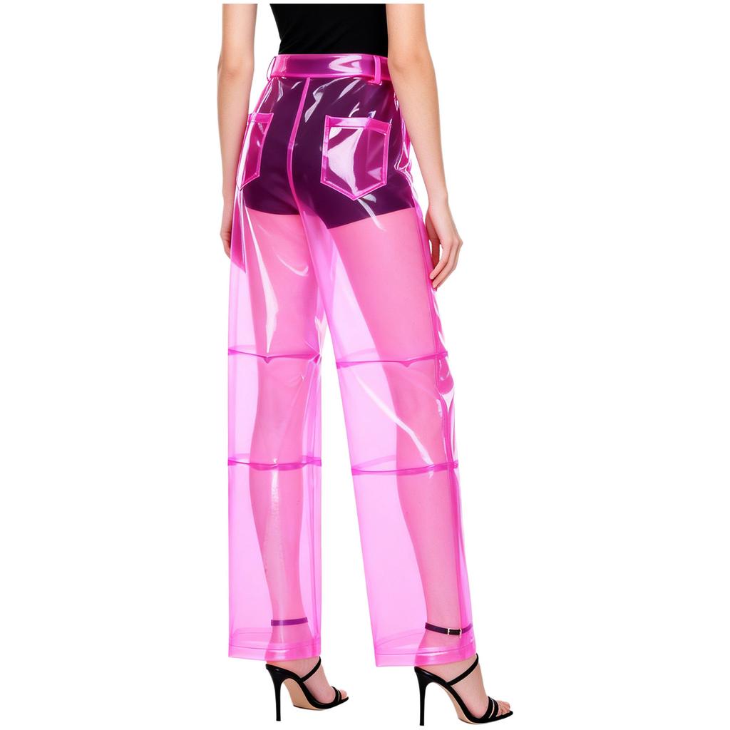 S-XXL Women See Through PVC Pants Button Waist Back Pockets Wide Leg Straight Trousers for Party Dancing Prom Cover Up