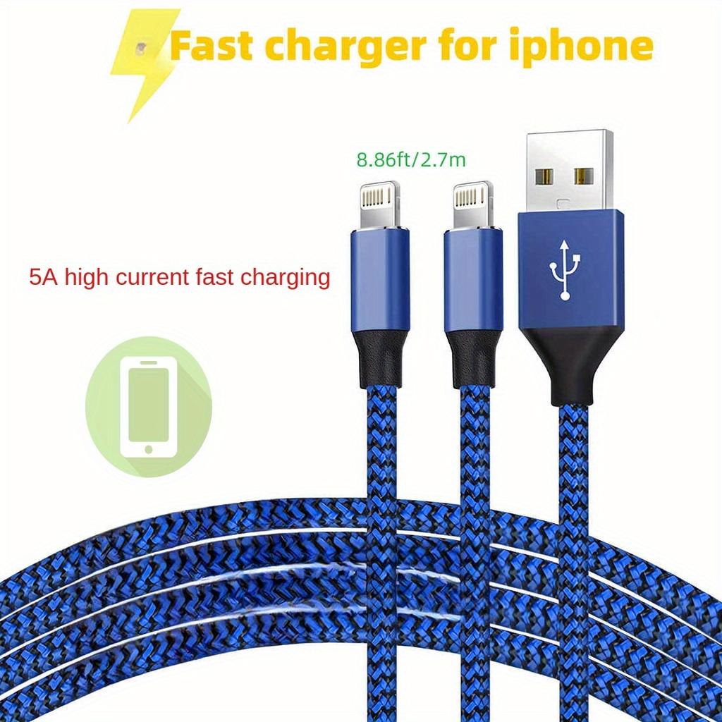 Fast Charge Braiding Cable, 8.86ft Super Long Charging Cable, Blue and Black Woven Outer Quilt, Suitable for Charging for IPhone 5-15 Mobile Phones.