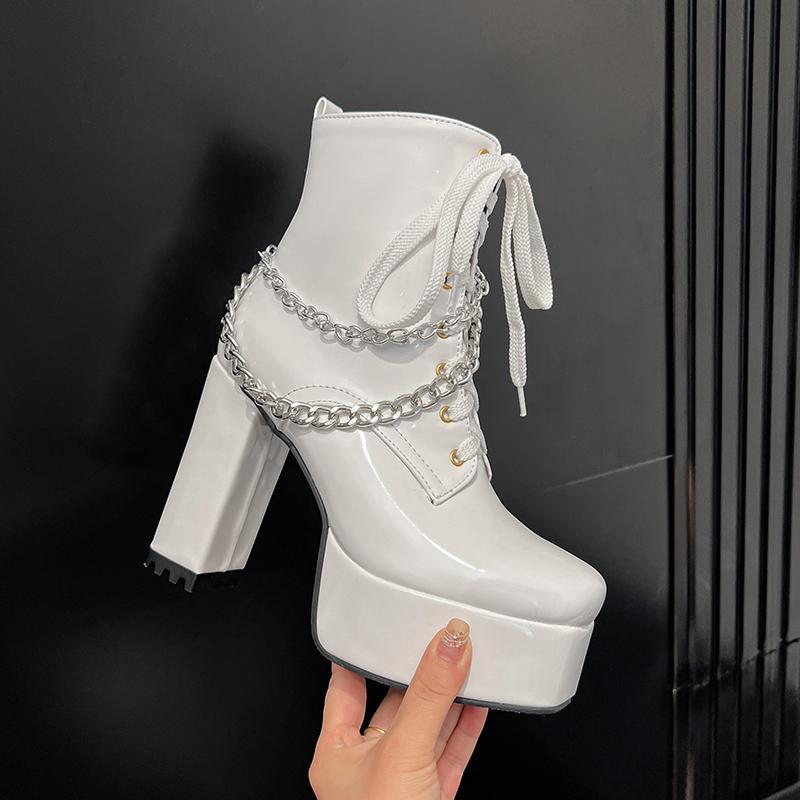 2026 High Gloss Patent Leather Lace Up Zipper Metal Chain Punk Style Short Boots Square Toe High Thick Heel Platform Boots
