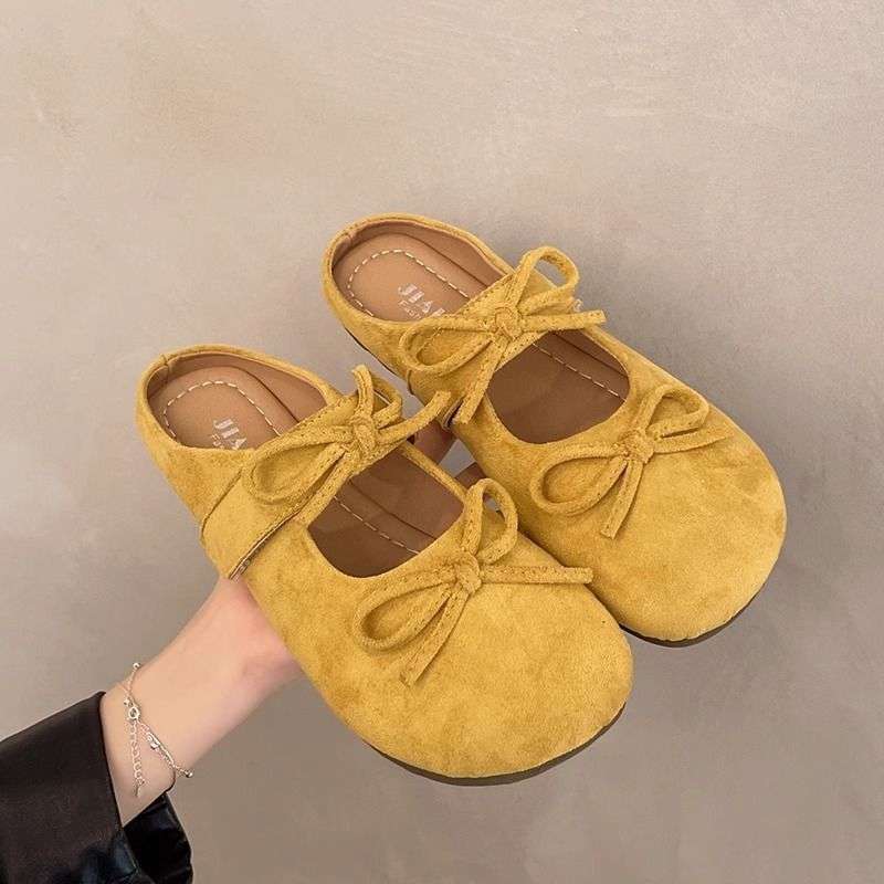 

Бантовый носок полутапочки женские летние 2025 новые на плоской подошве ретро французские туфли Мэри Джейн вечерние сандалии 40 жёлтый