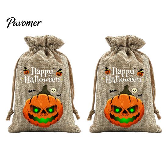 Trick or Treat Party Souvenirs 2Pcs Halloween Pumpkin Drawstring Bags for Candy Treats, Retro Burlap Rustic Linen Goodie Bags, Portable Kids