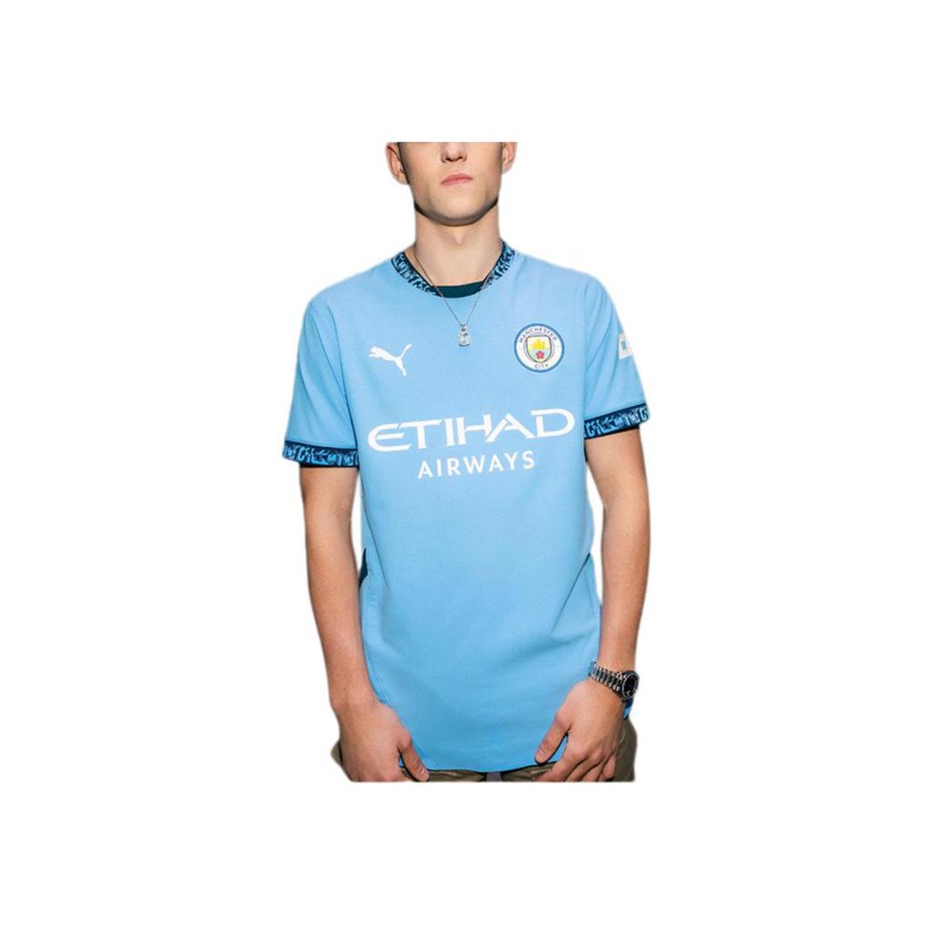Puma Badge Print Letter Round Neck Quick-Dry Short Sleeve Soccer Jersey Manchester City Home Fan Edition Men Tops Light-Blue 775075-01