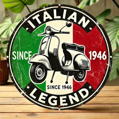 Vintage italská skútr hliníková cedule Kulatá retro nástěnná dekorace s designem italské legendy Perfektní pro domácí bar