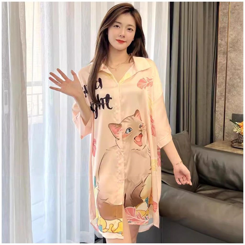 Women's Short Sleeve Ice Silk Sleep Dress Nightgown Plus Size 4XL Pajamas Shirt Sundress Loose Home Clothes