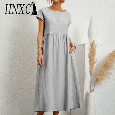 HNXC Summer Casual Loose Dress Women Short Sleeve O-Neck A-Line Ladies Dress with Pocket Office Ladies Cotton Linen Dresses