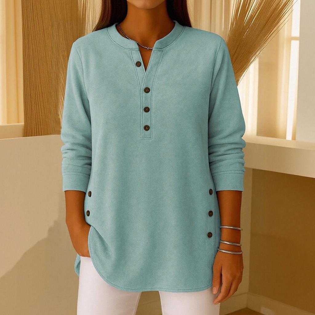 Women's Solid Color Button Long-sleeved Casual Loose Pullover Top