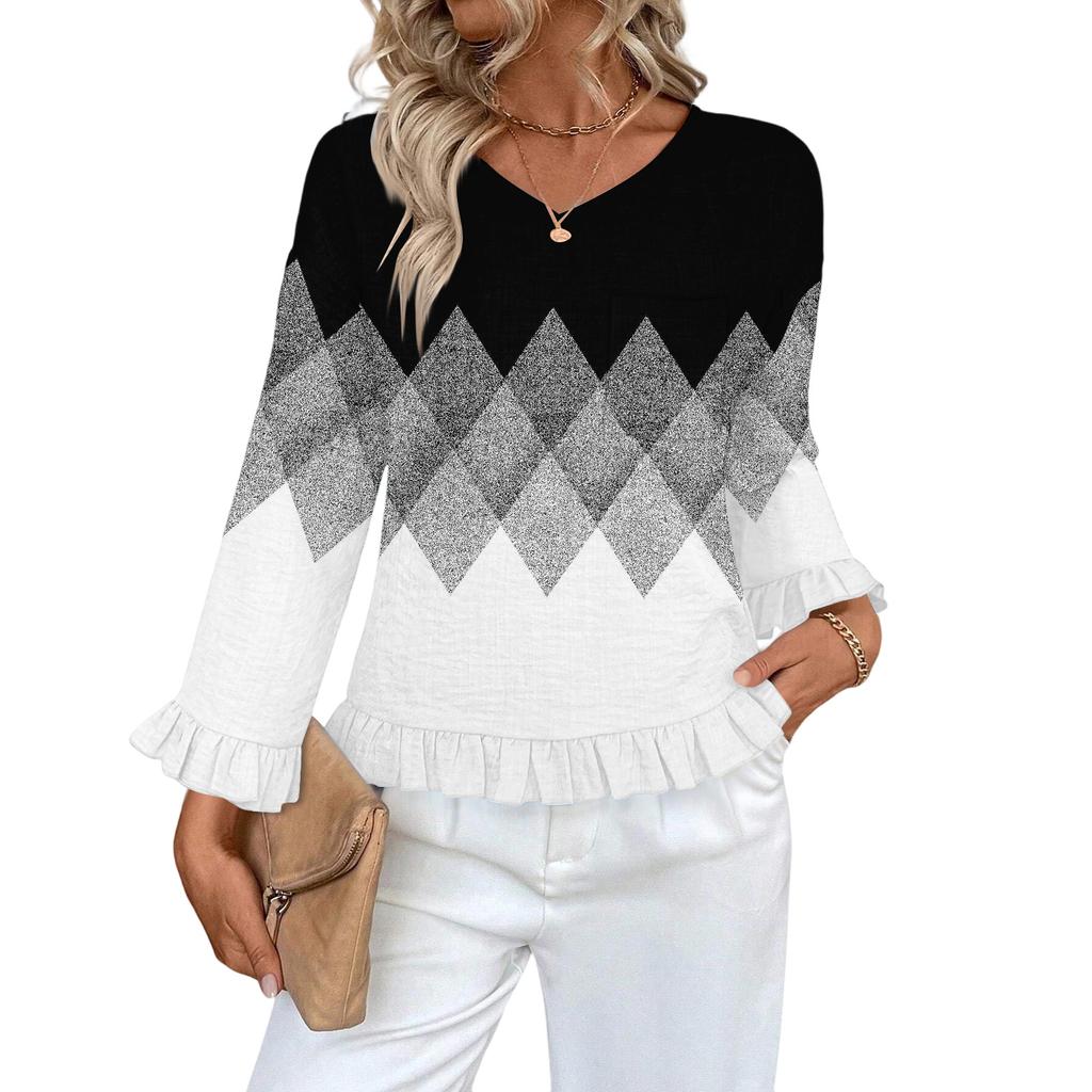 Dámský ležérní módní top s volánky, výstřihem do V, potiskem a dlouhým rukávem