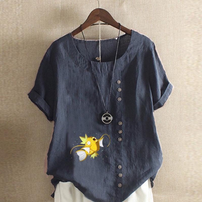 Women's Fashion Goldfish Prined Round Neck Short Sleeve T-shirt Casual Cotton Linen Graphic Shirt Leisure Loose Summer Blouse Tops