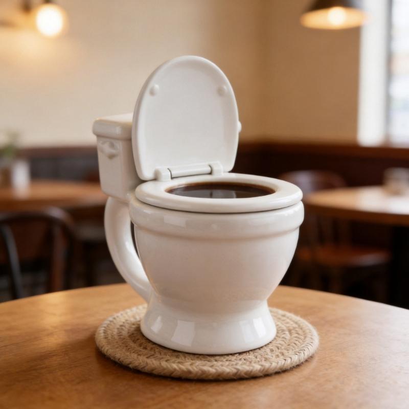 Desk Coffee Cup in Toilet Form With Hinged Lid, PET Plastic Drinkware for Beverage Service, Casual Gatherings and Daily Use on Counters