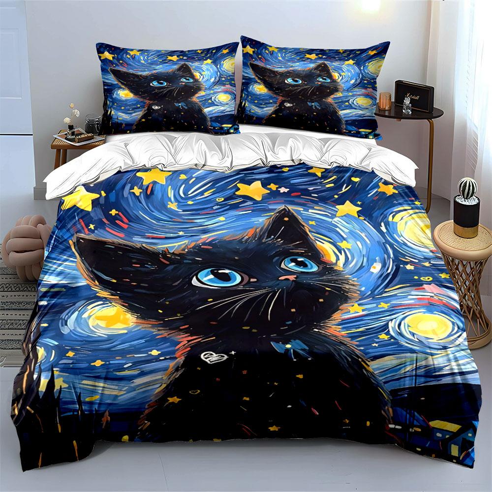 Starry Night Black Cat Print Bedding Duvet Cover Set (1*Duvet Cover 2*Pillowcases, without duvet insert)