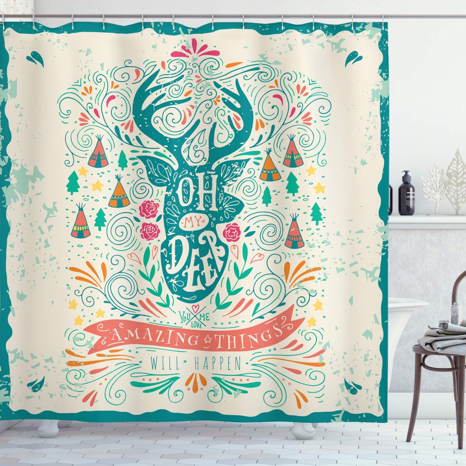 

Deer Head Tribal Art Shower Curtain 72X72 Inches Oh My Deer Amazing Things Will Happen Motivational Design W60H190(CM)-1 Pcs