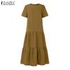 ZANZEA Women Casual Round Neck Solid Color Short Sleeve Long Dress