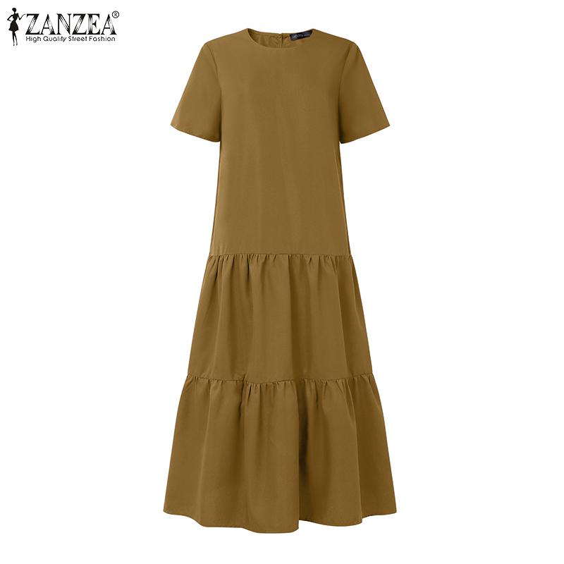 ZANZEA Women Casual Round Neck Solid Color Short Sleeve Long Dress