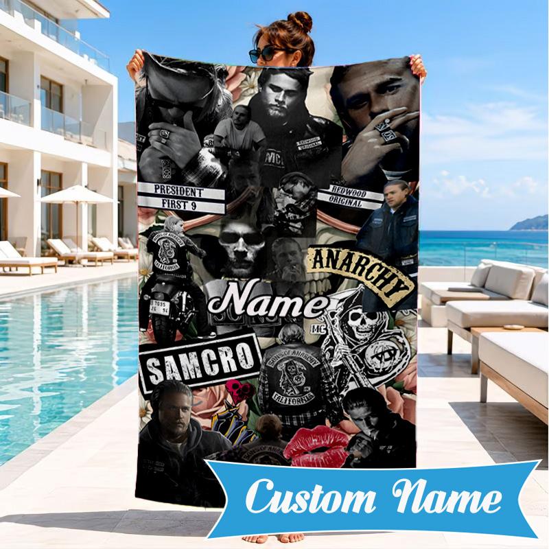 Custom Name Biker Club Anarchy Heart In Space Adventure Microfiber Beach Towel, Lightweight for Summer Travel, Swimming Pool Fan Gift