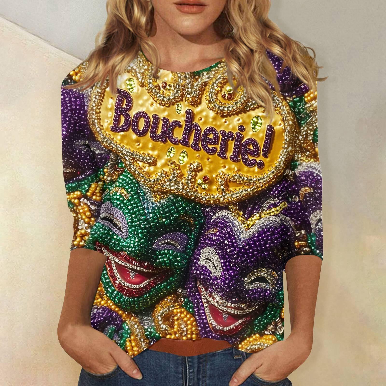 

Женская мода свободный повседневный топ с семью рукавами и круглым вырезом с карнавальным принтом XL жёлтый