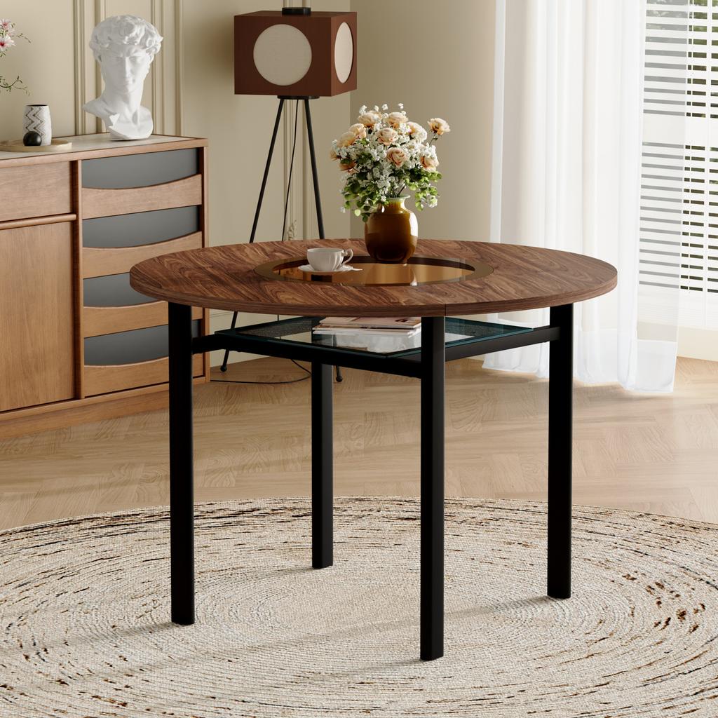 Round Table Modern Minimalist Design with 100 cm Diameter and Brown Wood Pattern, Suitable for 2-4 People (Brown-Grey Glass Plate and Metal Frame).
