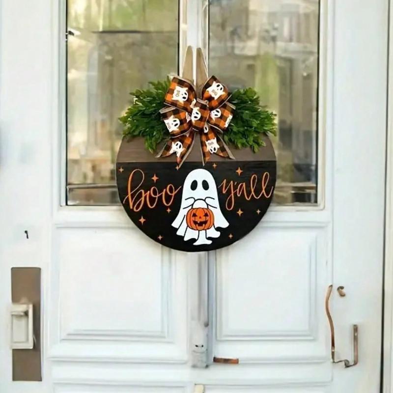 Halloween Wooden Door Hanging Decor - Welcome Sign with Ghost, Pumpkin and Autumn Ribbon Home Decor Halloween Decor Room Decor