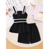 Girls' Fashionable Black Outfit - Summer Children's Simple Halter Top + Wide-leg Shorts Set