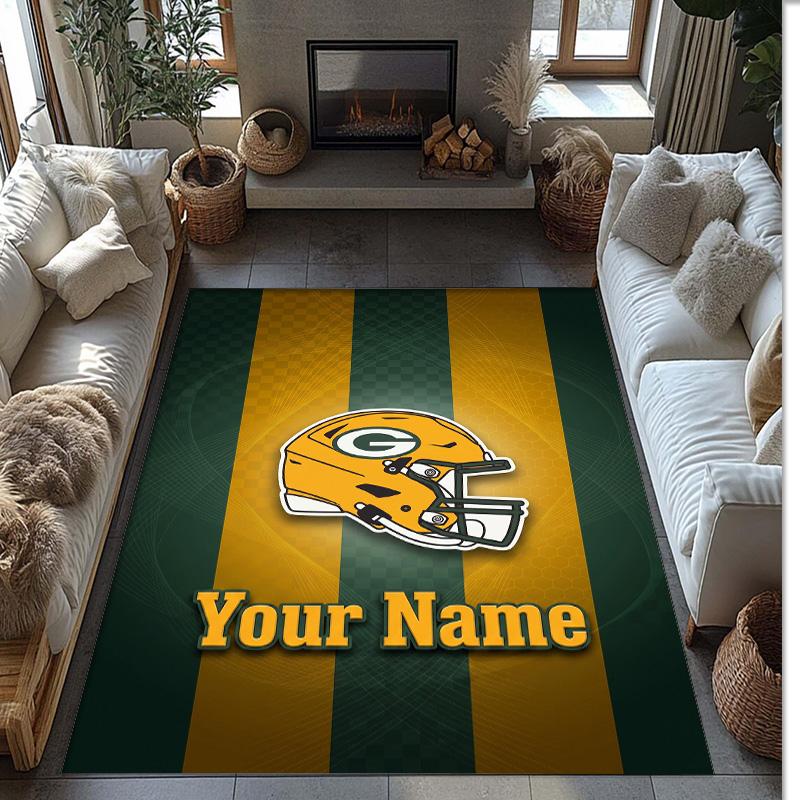 Green Bay Packers Crystal Velvet Rug, Custom Name Text Personalized Non‑Slip Floor Mat for Home Decor Gift