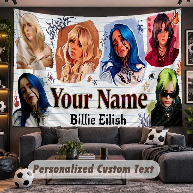 Wall Hanging Tapestry Custom NameBillie Eilish Pattern Personalized Printed Fabric Wall Decor