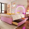 Children's Bed 90x200, Upholstered Bed for Girls, Unicorn Headboard, 16 Colors LED Strip, PU Leather Bed Frame, Slatted Frame, 2 Drawers, Pink
