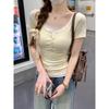 Kumikumi Contrast Colors False-Two-Piece Lace Edge Short Sleeve T-shirt Female Summer Waist-Controlled Slim Fit Slimming Design Blouse