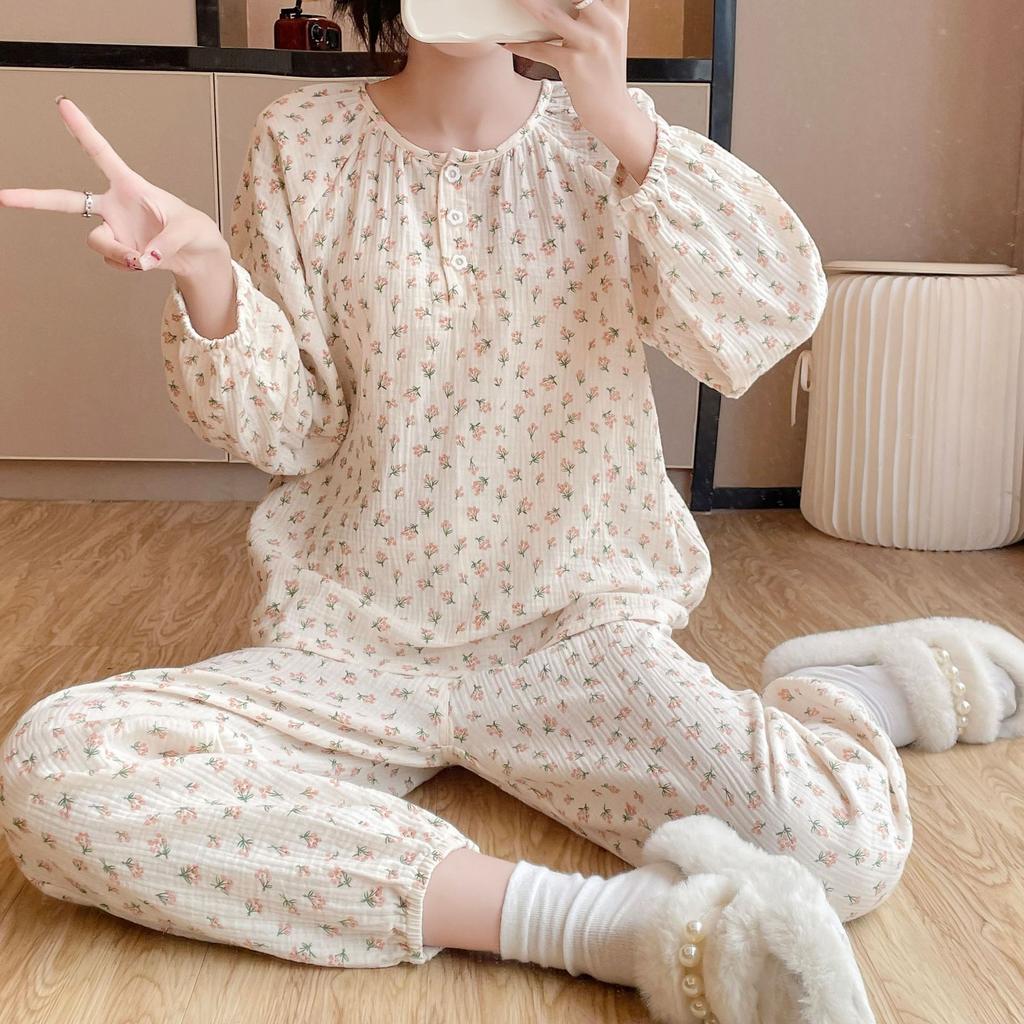 Pajamas Spring and Autumn pure cotton women's long-sleeved trousers thin cotton yarn round neck loose baby cotton Korean pullover loungewear