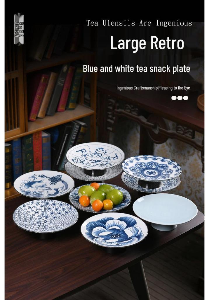 Chinese Blue & White Large Ceramic Fruit & Snack Plate for Tea & Desserts