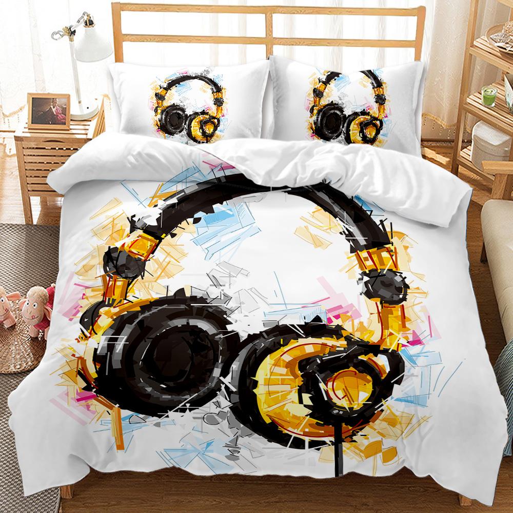 Headphones Duvet Cover Set Rock Music Melody Note Comforter Cover Pink Headset Polyester Bedding Set for Kid Boy Girl King Size