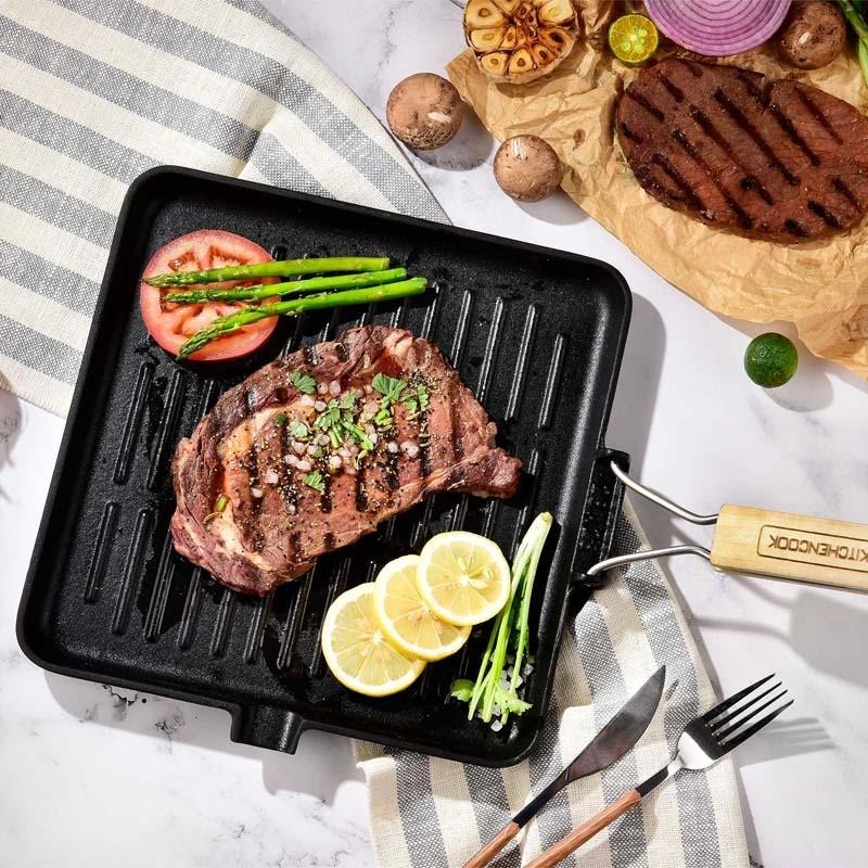 Kitchencook - Grill28 Tfi - Grill Carré Fonte D'aluminium 28 Cm - Revêtement Antiadhésif - Tous Feux Induction