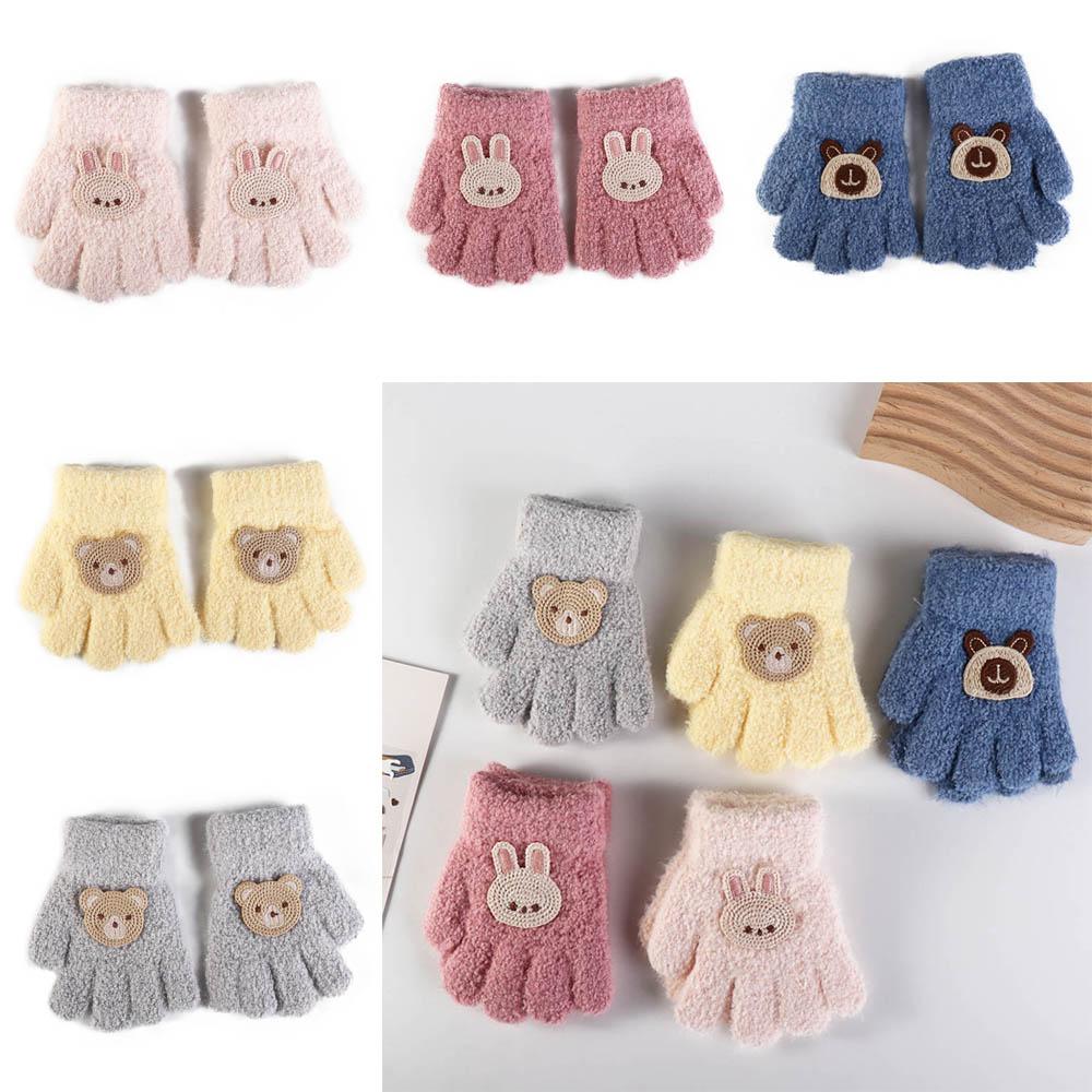 Bear Cartoon Pattern Gloves Rabbit Knitted Mittens Thicken Baby Fluffy Gloves  Kids