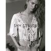 Spring and Summer New Women's Clothing Wavy Edge V Neck Half Length Puff Short Sleeve Florals Embroider Poplin Tops 1281793