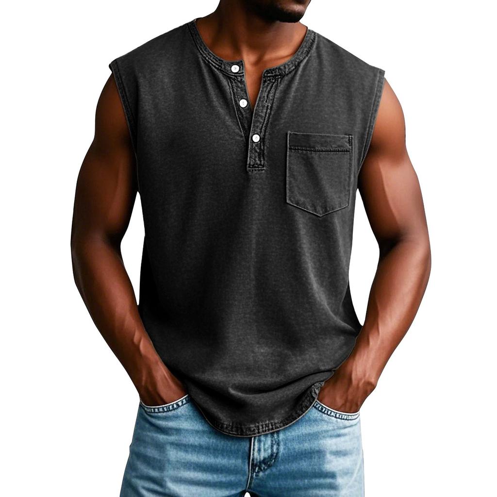 Men's Summer Solid Color Pocket Sports Buttons Vest Men's Sports Casual Vest