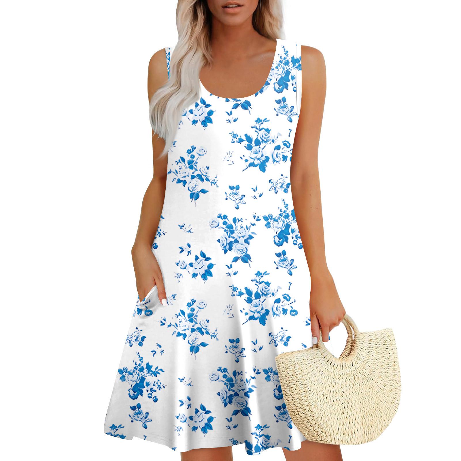 

Womens Summer Dresses Loose U Neck Sleeveless Sundresses Dress With Pockets L білий