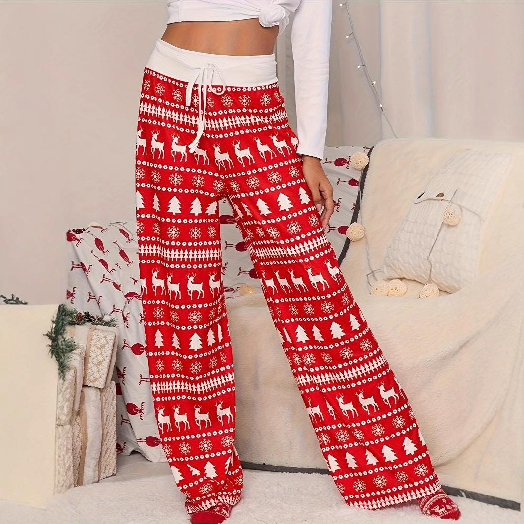 

Рождественские брюки с высокой талией, шнуровкой, принтом оленя и рождественской елки, красные брюки S красный