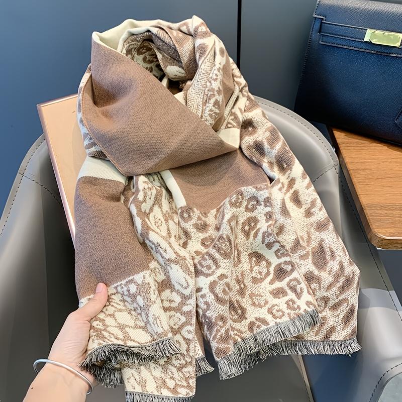 Fashionable and elegant leopard print patchwork light coffee scarf, printed long non elastic soft fabric winter neck scarf shawl