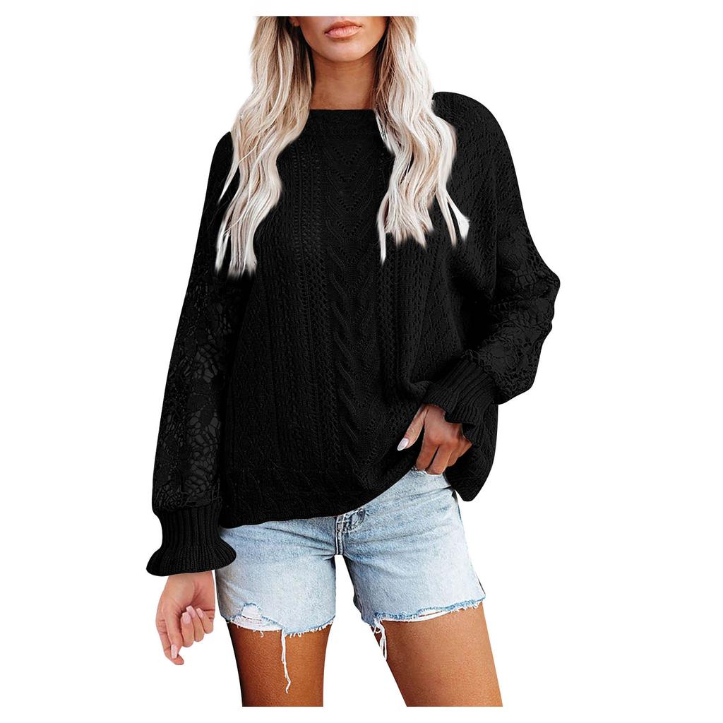 Women's Sweater Round Neck Hollow Lace Sleeve Color Sweater Bottoming Shirt