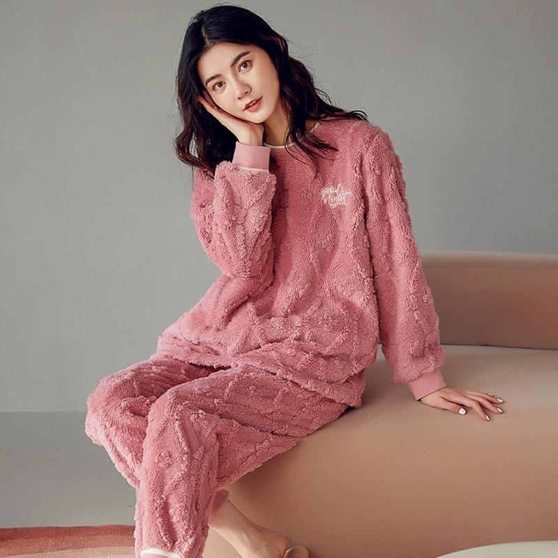 Coral Fleece Pajamas Women'S Winter Thickened Fleece Flannel Winter Warm Women'S Loungewear Set Autumn And Winter