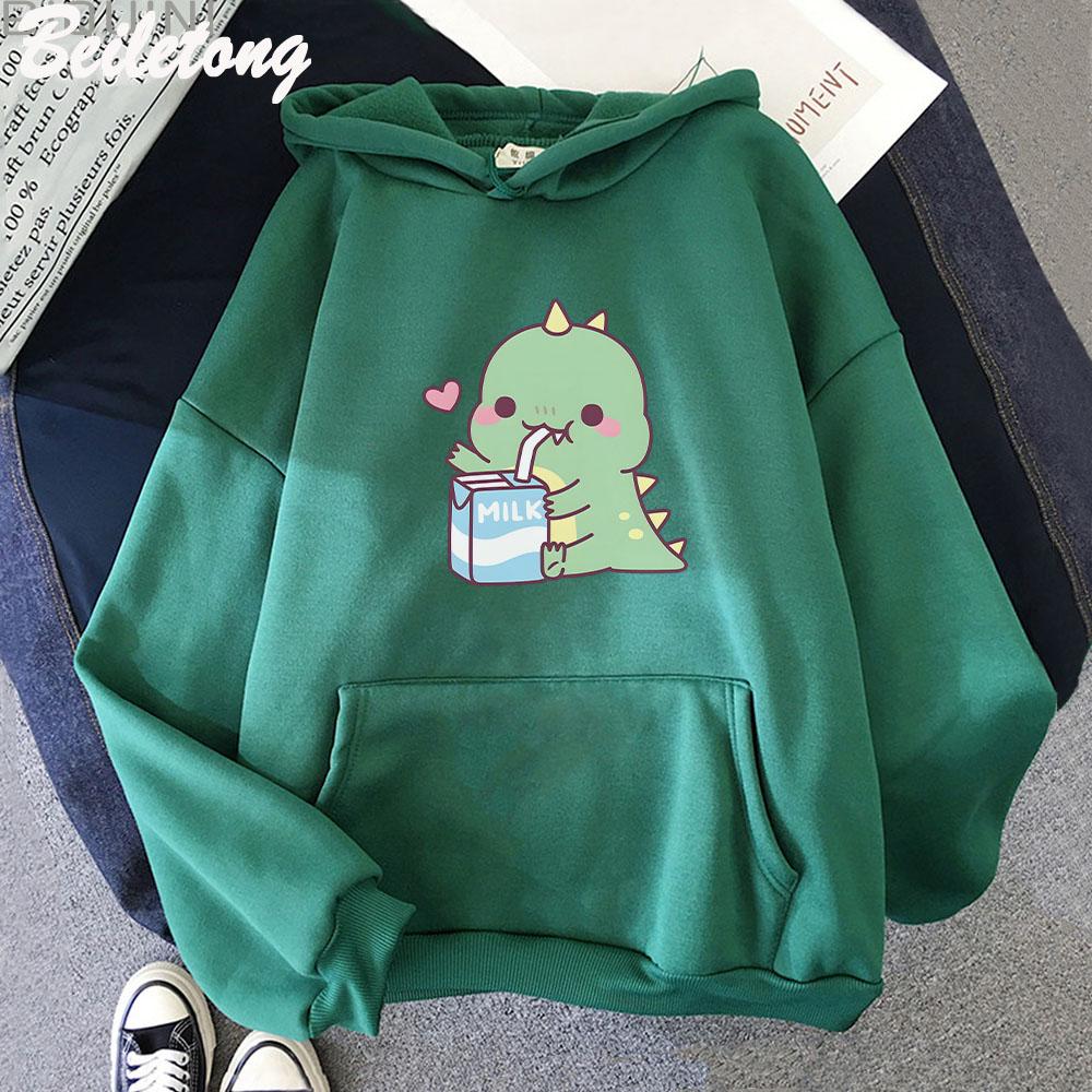 Dinosaur Oversized Tegneserie Dame Genser Hettegenser Søtt Trykk Kawaii Klær for Jente Pullover Casual Morsom Dame Harajuku Varm