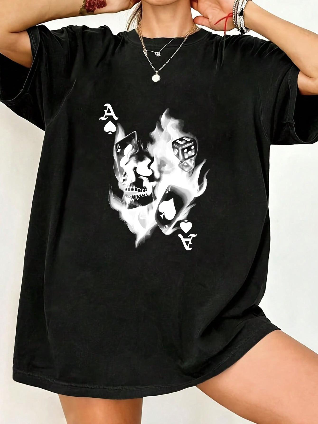 

Black Oversized T Shirt With Ace Of Spades Skull And Flames Print For Casual Streetwear Style XXXXL чёрный