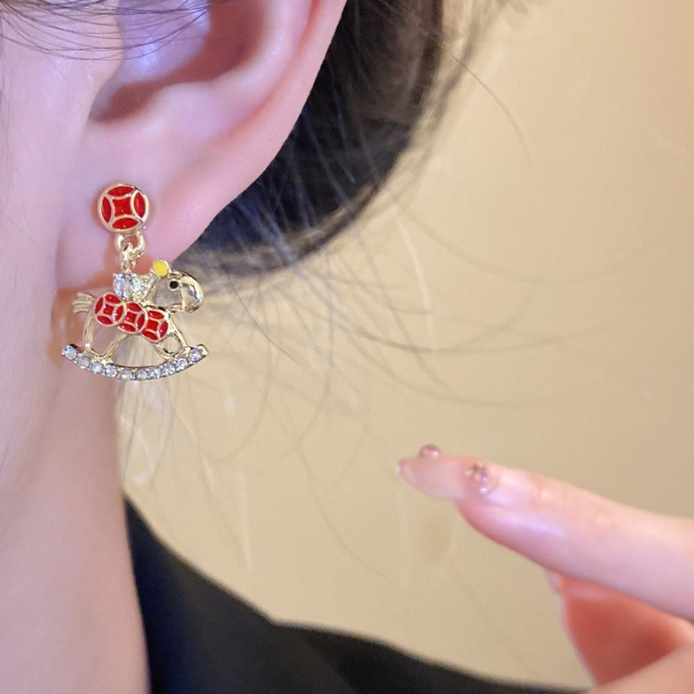 Fashion Jewelry Chinese Style Pony Earrings Hollow Rocking Pony Red Drop Earrings New Year Gift