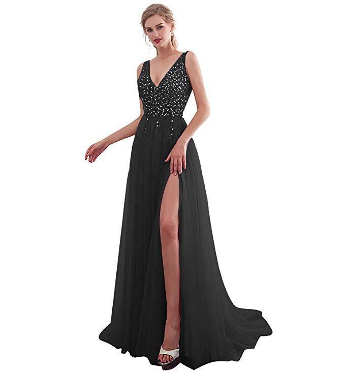 

European And American Shopee Pink Embroidery Beads Sexy Deep V Sequined Long Dress Evening Dress XXXL чорний