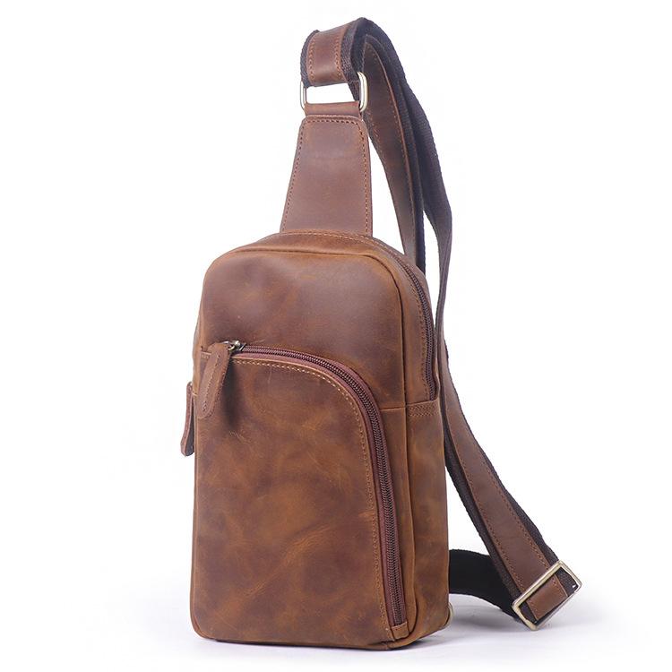 Men'S Vintage Leather Breast Bag Women'S Crazy Horse Leather Crossbody Bag Large Capacity Cowhide Shoulder Bag