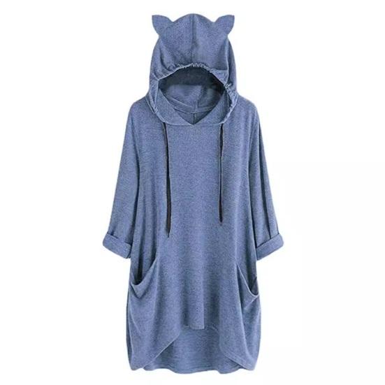 Women Long Pullover Hoodie Irregular Hem 3/4 Sleeve Sweatshirts Cat Ear Hooded Tunic Tops with Pockets