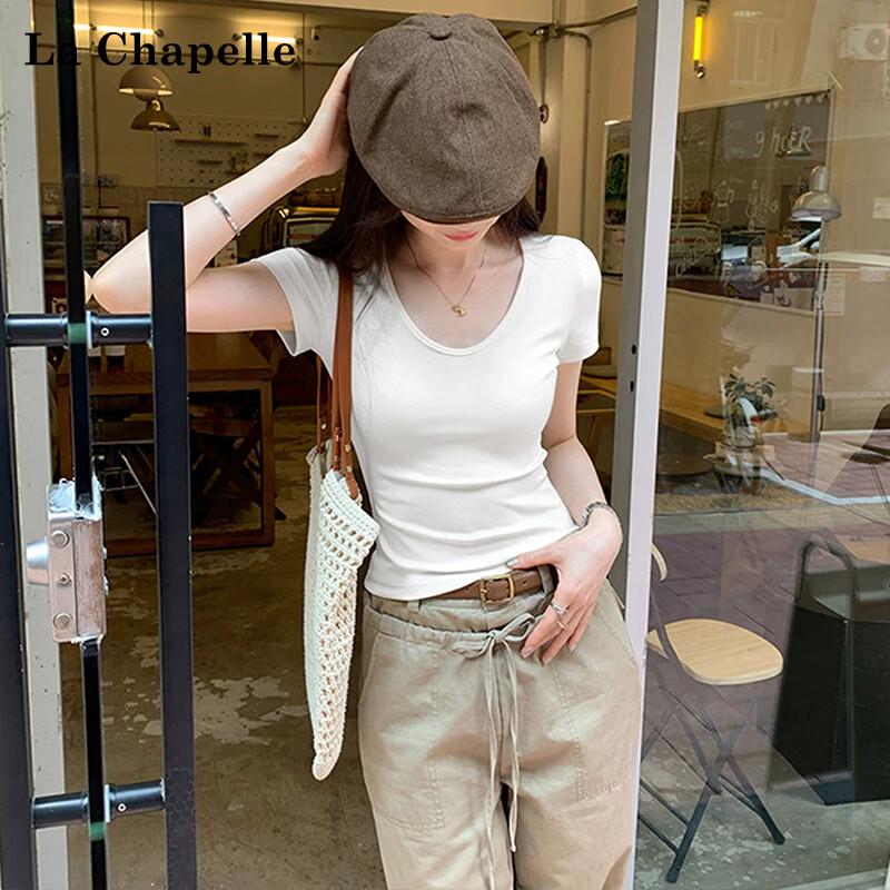 La Chapelle Women's U-Neck Ribbed Slim Fit Short Sleeve T-Shirt