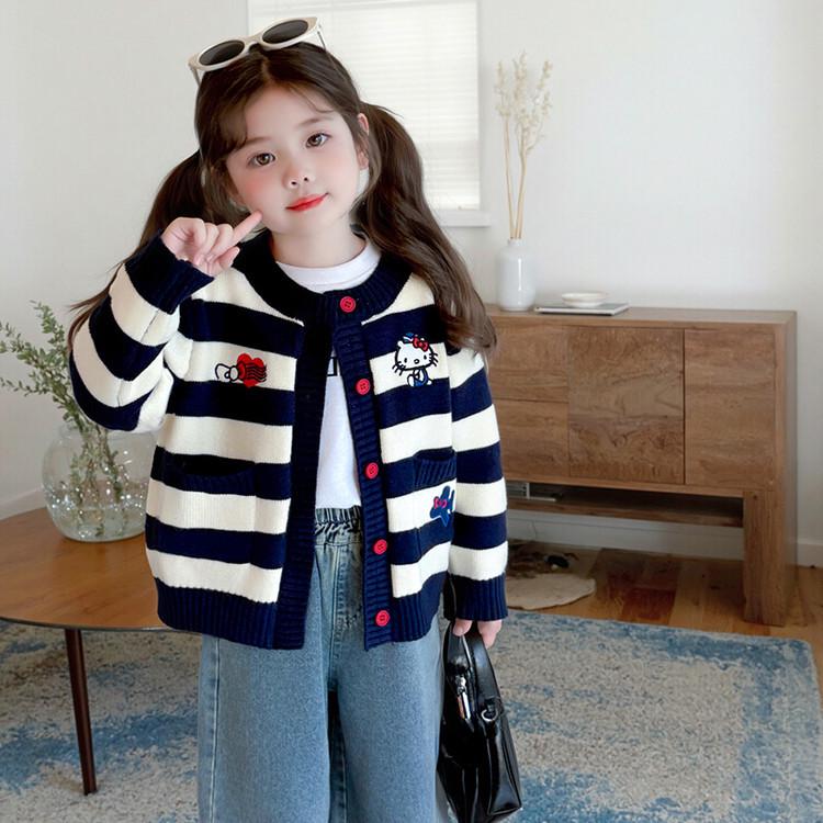 Autumn 2025 Girls' Knitted Cardigan: Cute KT Cartoon Striped Sweater for Baby Girls