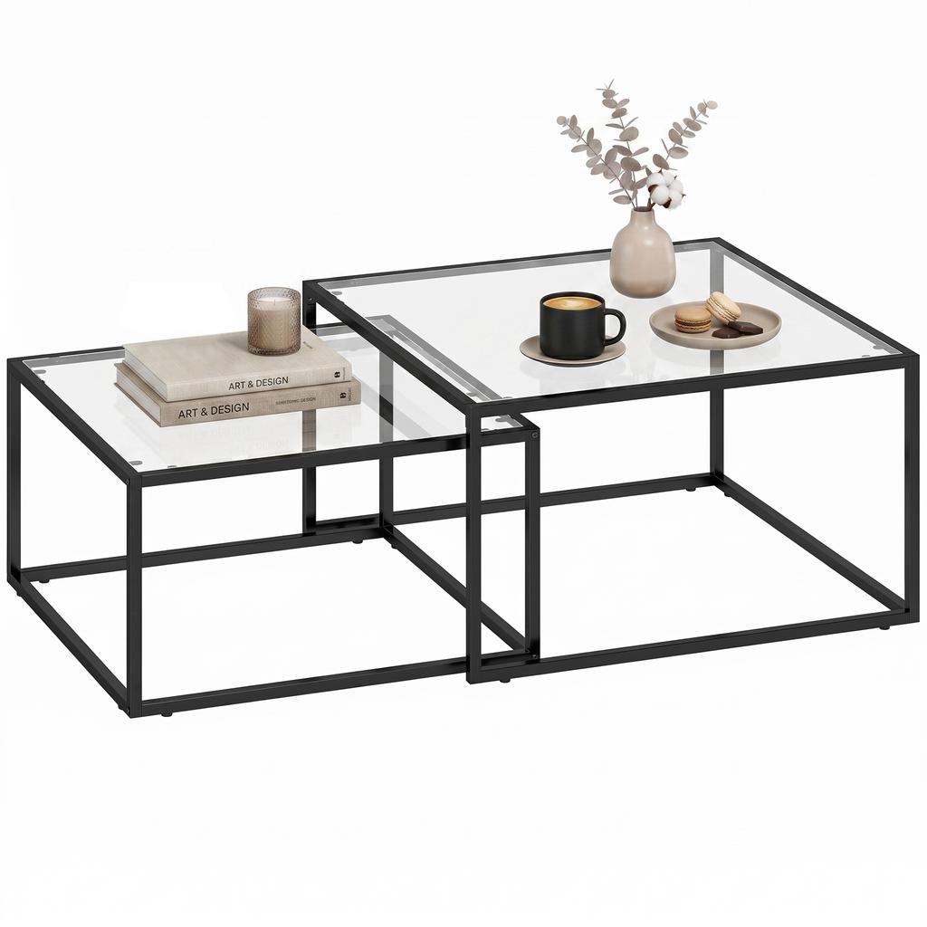Nesting Coffee Tables, Set of 2, Tempered Glass Top, Metal Frame, Black