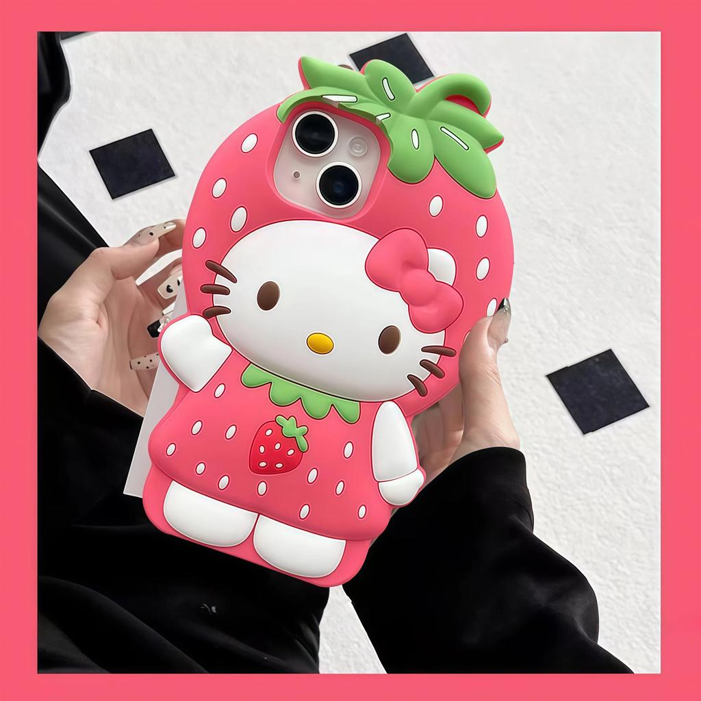 Custodia per telefono INS 3D Carina Fragola Hello Kitty Per iPhone 17 16 15 14 13 12 Pro Max 17Pro Air iPhone 11 Cover Morbida in Silicone
