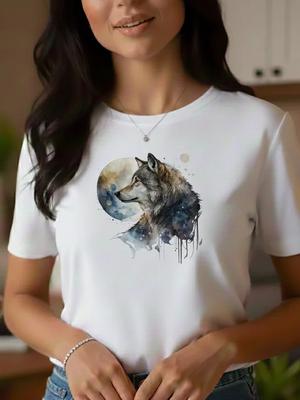 Summer T-shirt with a Watercolor-style Wolf Print